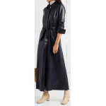 Womens Belted Real Sheepskin Navy Blue Leather Maxi Dress
