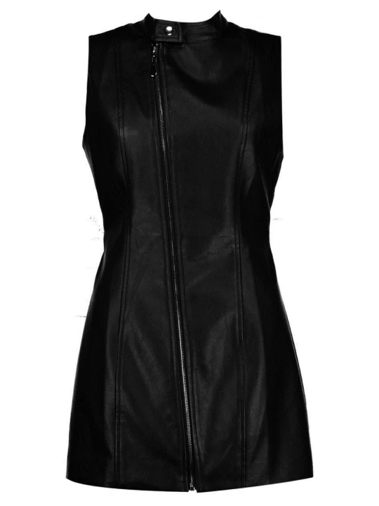Womens Asymmetric Zipper Front Real Sheepskin Black Leather Dress