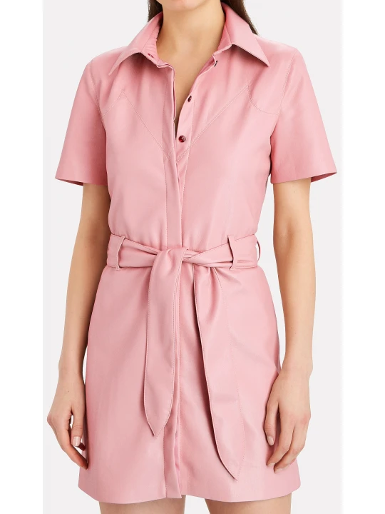 Womens Belted Shirt Style Real Sheepskin Pink Leather Dress