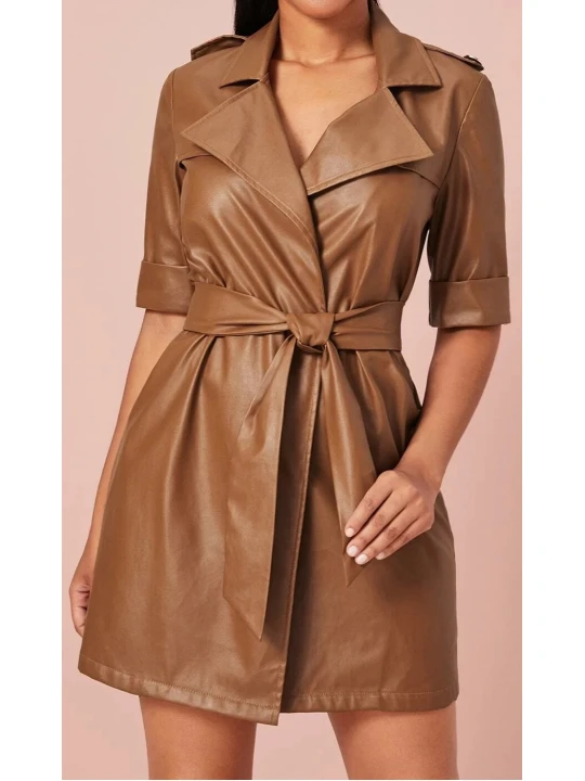 Womens Belt Wrap Style Real Sheepskin Brown Leather Dress