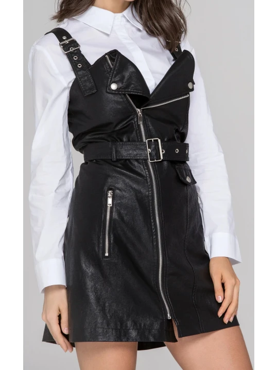 Womens Biker Style Real Sheepskin Black Leather Dress