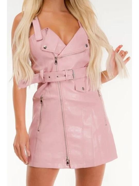 Womens Biker Style Real Sheepskin Pink Leather Dress