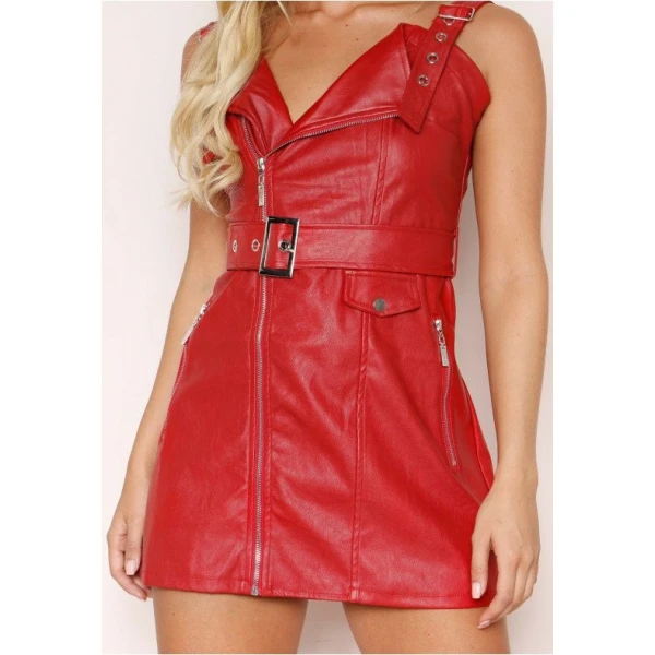 Womens Biker Style Real Sheepskin Red Leather Dress