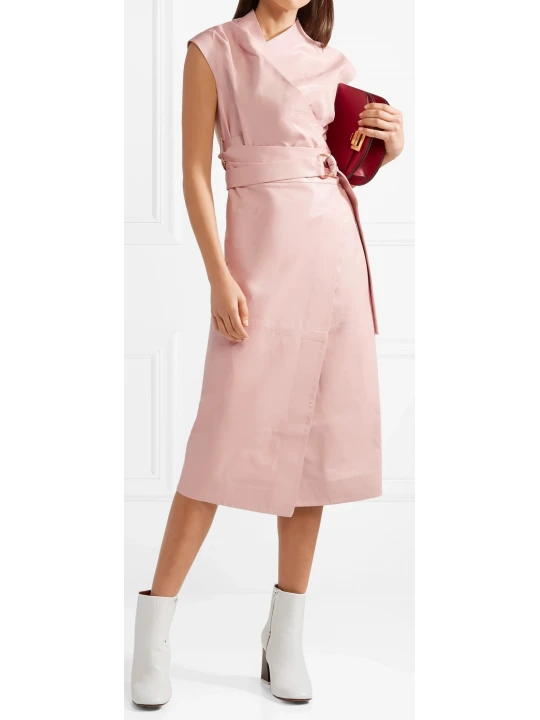 Womens Draped Style Real Sheepskin Pink Leather Dress