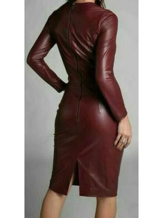Womens Full Sleeve Real Sheepskin Burgundy Leather Dress