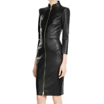 Womens High Neck Real Sheepskin Black Leather Dress
