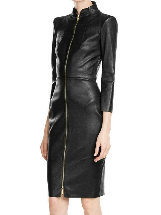 Womens High Neck Real Sheepskin Black Leather Dress