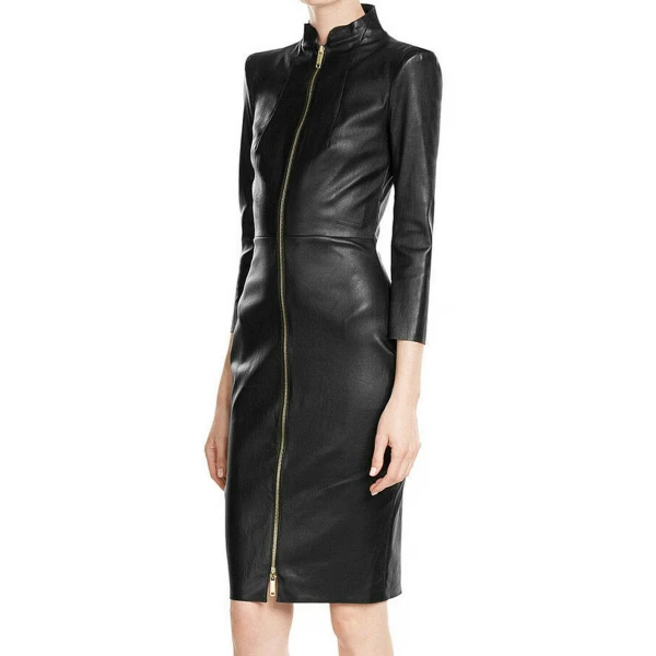 Womens High Neck Real Sheepskin Black Leather Dress