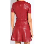 Womens O-Neck Short Sleeve Real Sheepskin Red Leather Dress