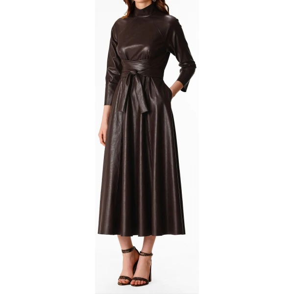 Womens Obi Belt Style Real Sheepskin Brown Leather Dress