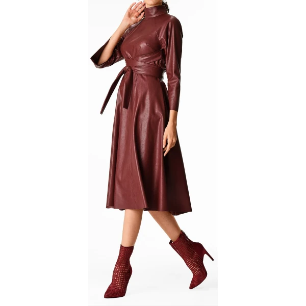 Womens Obi Belt Style Real Sheepskin Burgundy Leather Dress