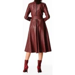 Womens Obi Belt Style Real Sheepskin Burgundy Leather Dress