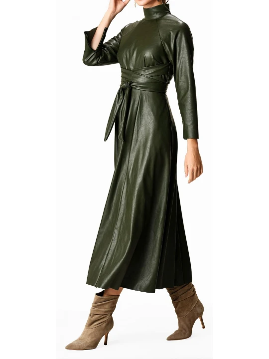 Womens Obi Belt Style Real Sheepskin Olive Green Leather Dress