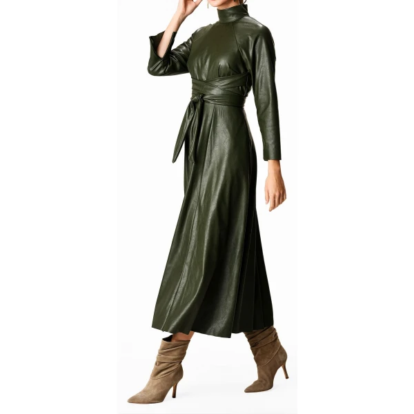 Womens Obi Belt Style Real Sheepskin Olive Green Leather Dress