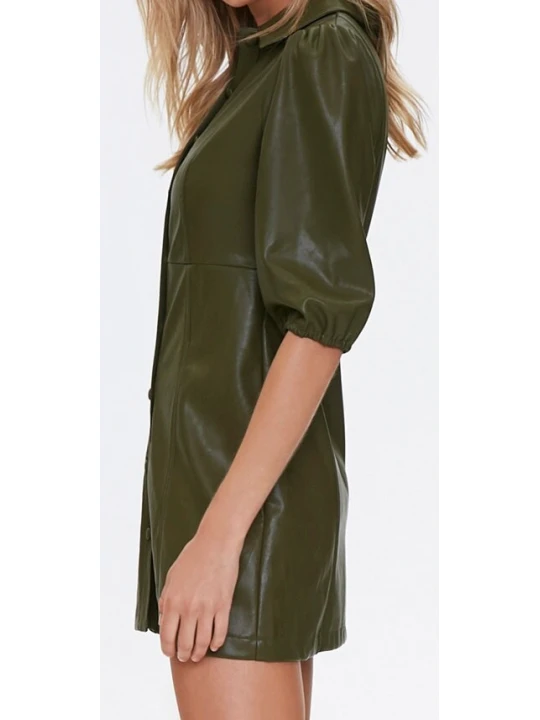 Womens Shirt Style Real Sheepskin Olive Green Leather Dress