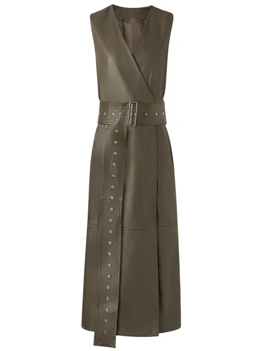 Womens V-Neck Wrap Style Real Sheepskin Gray Leather Dress