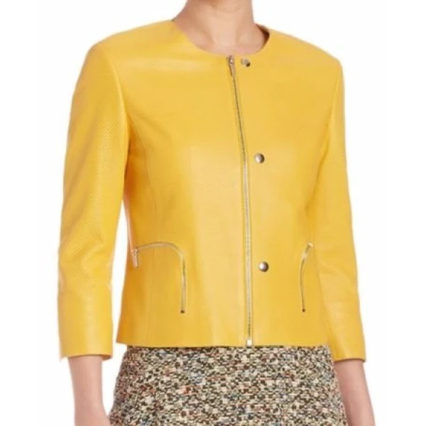 Awesome Collarless Original Sheepskin Womens Yellow Leather Jacket