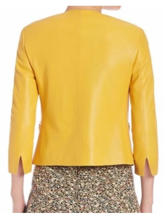 Awesome Collarless Original Sheepskin Womens Yellow Leather Jacket