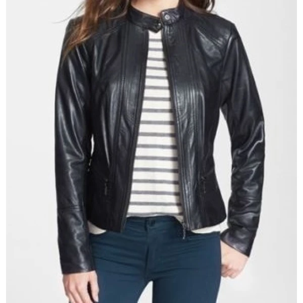 Girls Cool Style Genuine Lambskin Navy Blue Leather Jacket