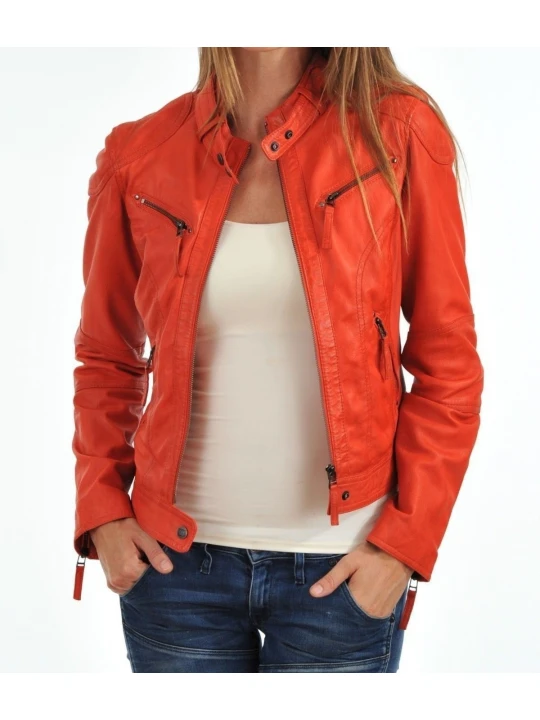 Girls Fresh Look Genuine Lambskin Orange Leather Jacket