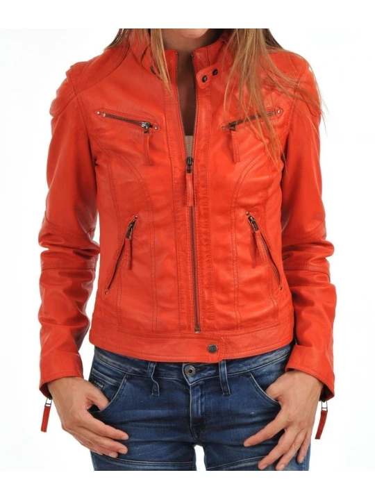 Girls Fresh Look Genuine Lambskin Orange Leather Jacket