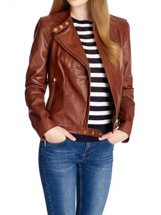 Girls New Fashion Original Lambskin Brown Leather Jacket
