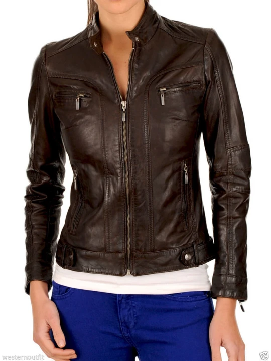 Girls Smart Look Real Lambskin Dark Brown Leather Jacket