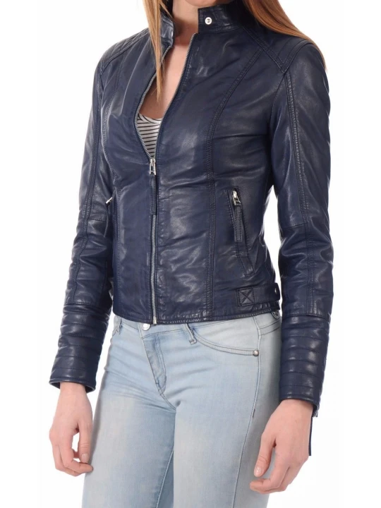 Girls Trendsetter Real Sheepskin Navy Blue Leather Jacket