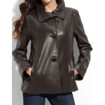 Ladies elegant classic style authentic lambskin dark brown leather jacket
