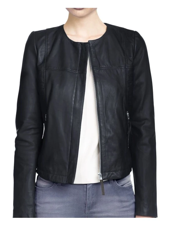 Simple Collarless Womens Original Lambskin Black Leather Jacket