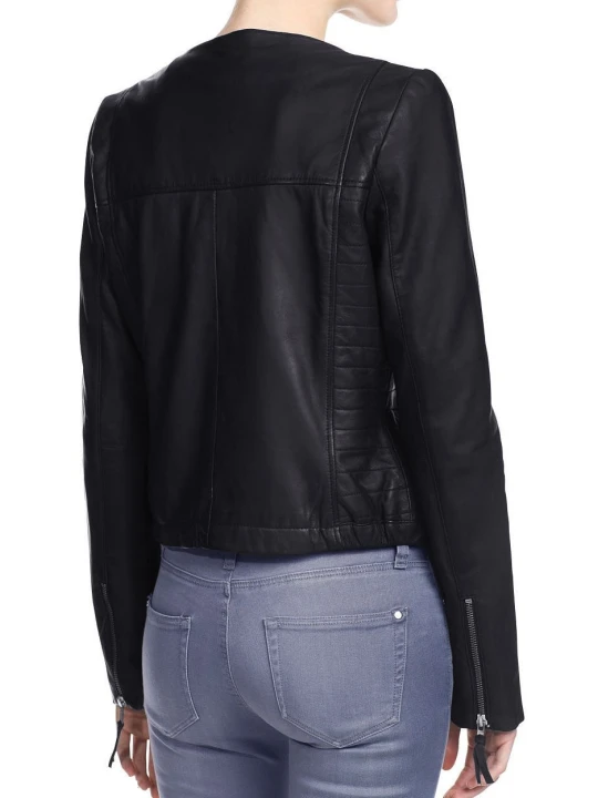 Simple Collarless Womens Original Lambskin Black Leather Jacket