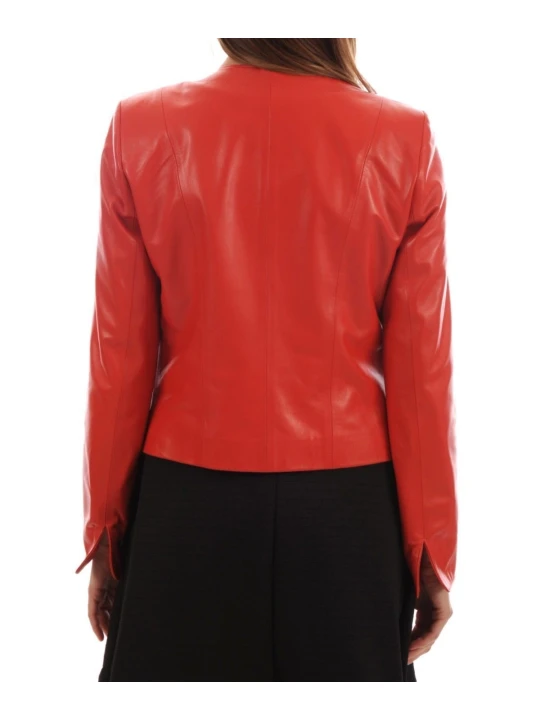 Simple Look Collarless Authentic Lambskin Womens Red Leather Jacket