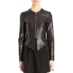 Womens Classic Style Collarless Real Sheepskin Black Leather Jacket