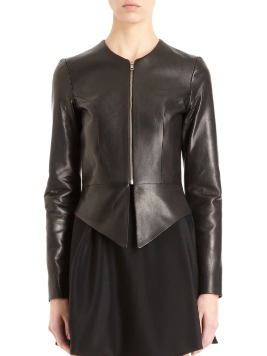 Womens Classic Style Collarless Real Sheepskin Black Leather Jacket