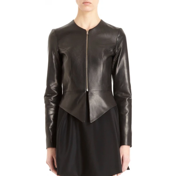 Womens Classic Style Collarless Real Sheepskin Black Leather Jacket