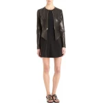 Womens Classic Style Collarless Real Sheepskin Black Leather Jacket