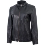 Womens Basic Front Zip Real Lambskin Black Leather Jacket