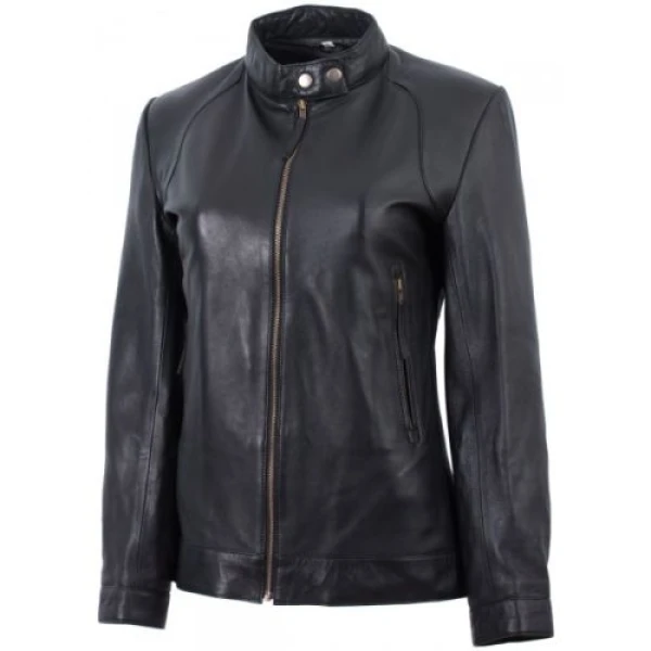 Womens Basic Front Zip Real Lambskin Black Leather Jacket