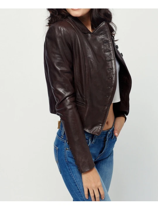 Womens Button Style Bitter Chocolate Leather Coat Jacket