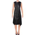 Womens Casual Pieced Real Black Leather Sleeveless Dress Outfit