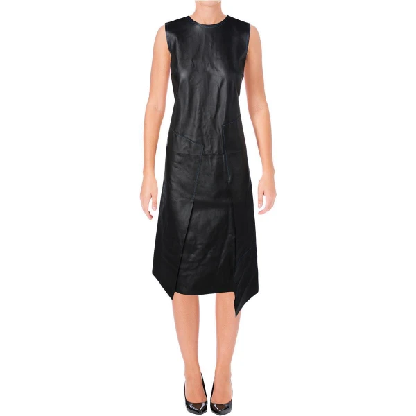 Womens Casual Pieced Real Black Leather Sleeveless Dress Outfit