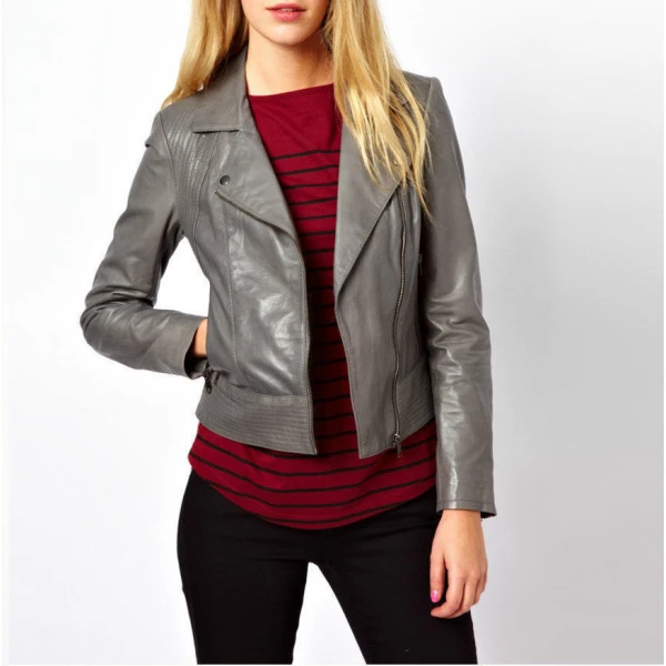 Womens Casual Slim Fit Real Lambskin Grey Leather Jacket
