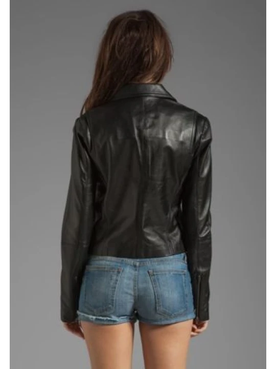 Womens Classic Front Collar Black Leather Motorcycle Jacket