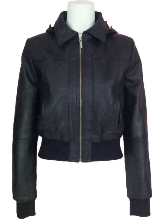 Womens Classic Hooded Black Leather Bomber Jacket