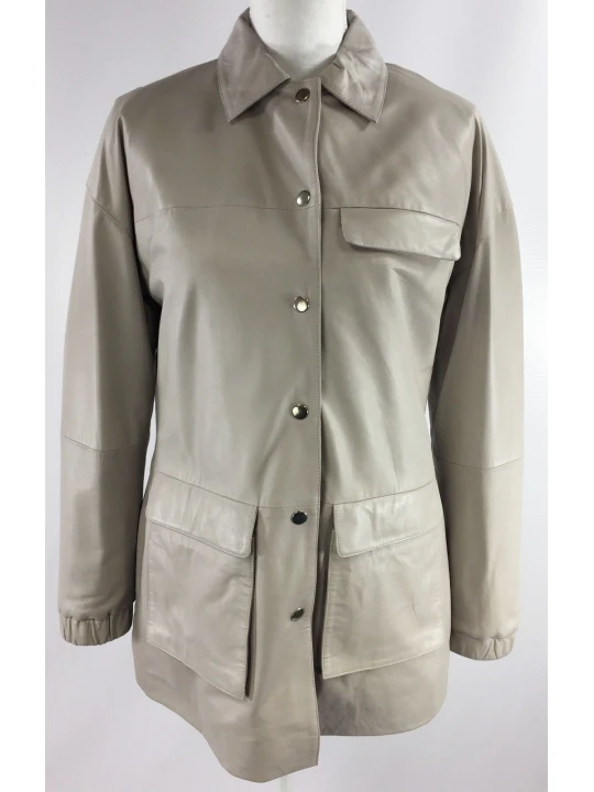 Womens Classic Pure Lambskin Stone Color Leather Long Coat