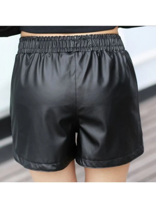 Womens Fashionable Elastic Temperament Black Leather Shorts