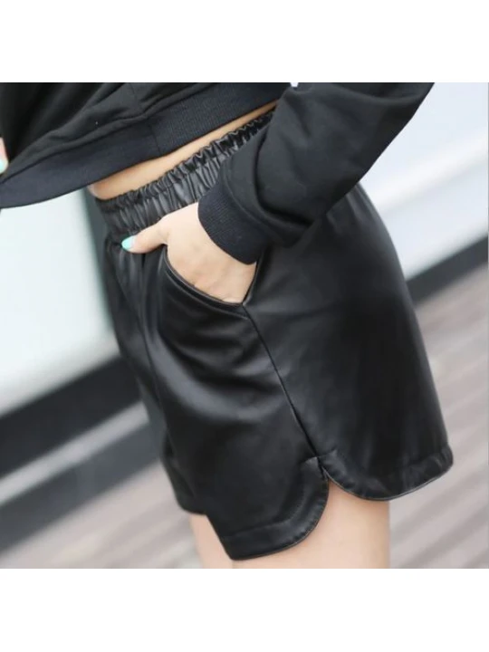 Womens Fashionable Elastic Temperament Black Leather Shorts