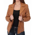 Womens Fitted Tan Brown Leather Blazer Jacket Coat