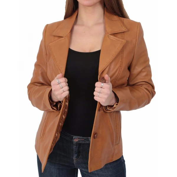 Womens Fitted Tan Brown Leather Blazer Jacket Coat