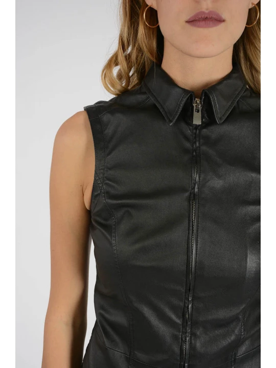 Womens Full Zip Pure Black Leather Sleeveless Shirt Dress